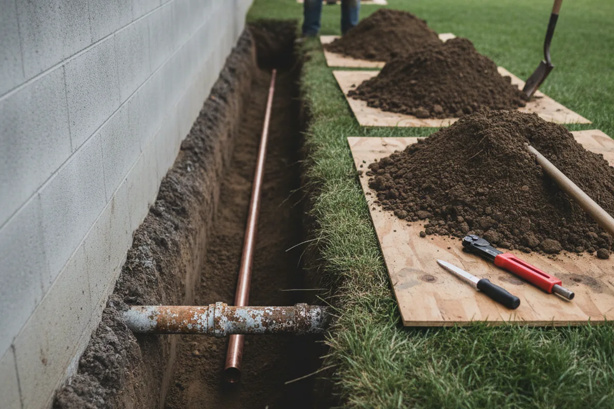 Excavated water line trench during Water Softener Installation in Round Mountain